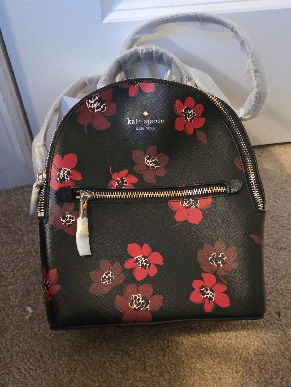 kate Spade Black Floral Mini Backpack with Red Flowers